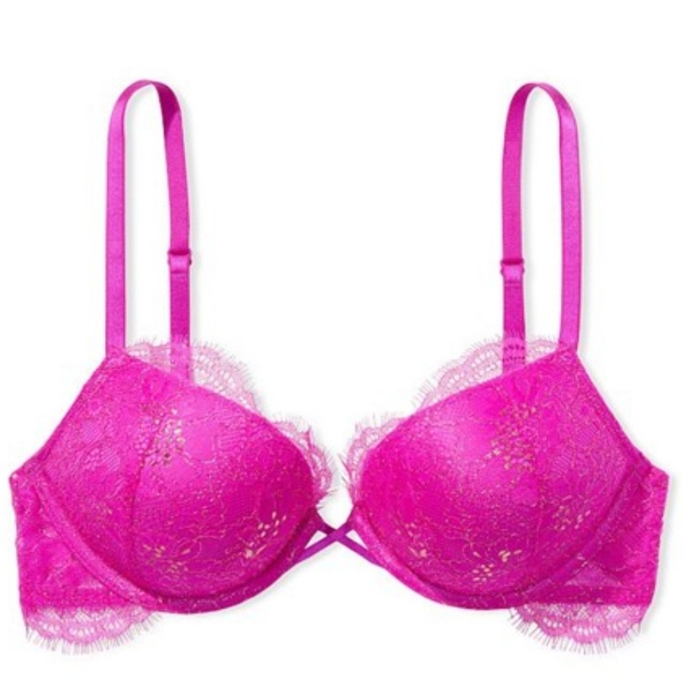 BOMBSHELLBRA,34C,Pushup,VictoriaSecret,Pink,fushia,hotpink,lacebra Mintcond